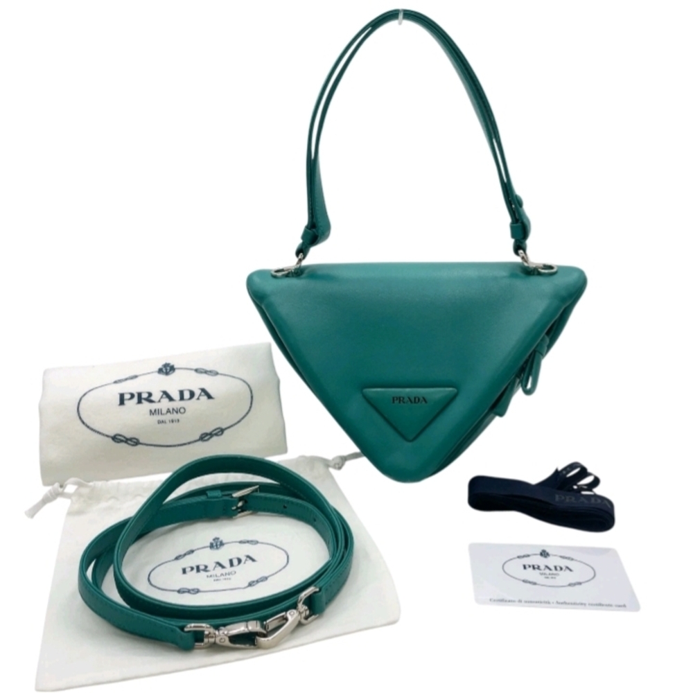 SALE! Auth Prada Triangle Pavone Green Nappa Leather 2 Way Bag W/DB & Strap